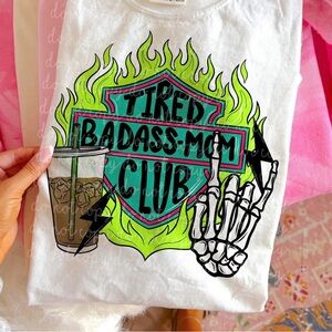 Tired Badass Mom Club Graphic Tshirt - White with Neon Green & Teal Small-3X